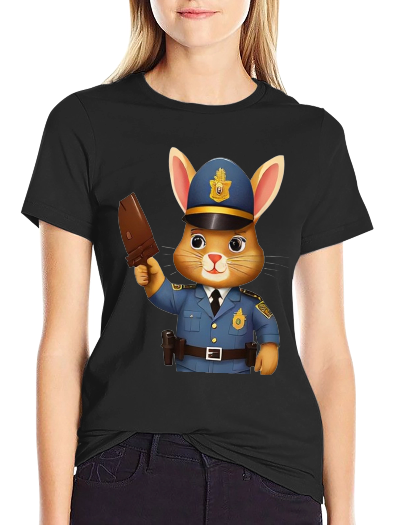 Black Bunny Cop Graphic T-Shirt - Unisex Black Tee view 2