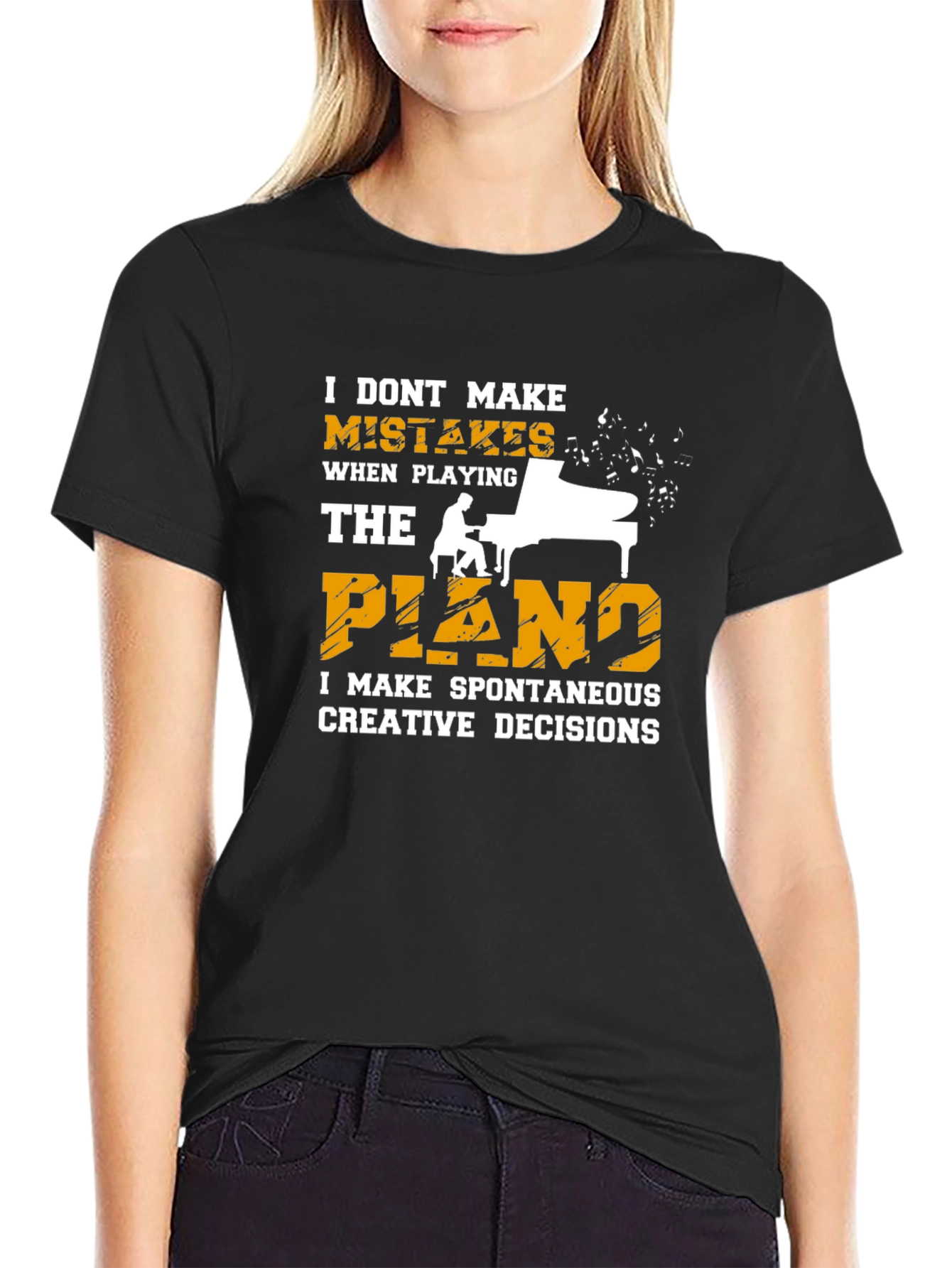 Black Funny Piano Player T-Shirt: No Mistakes, Creative Decisions view 2