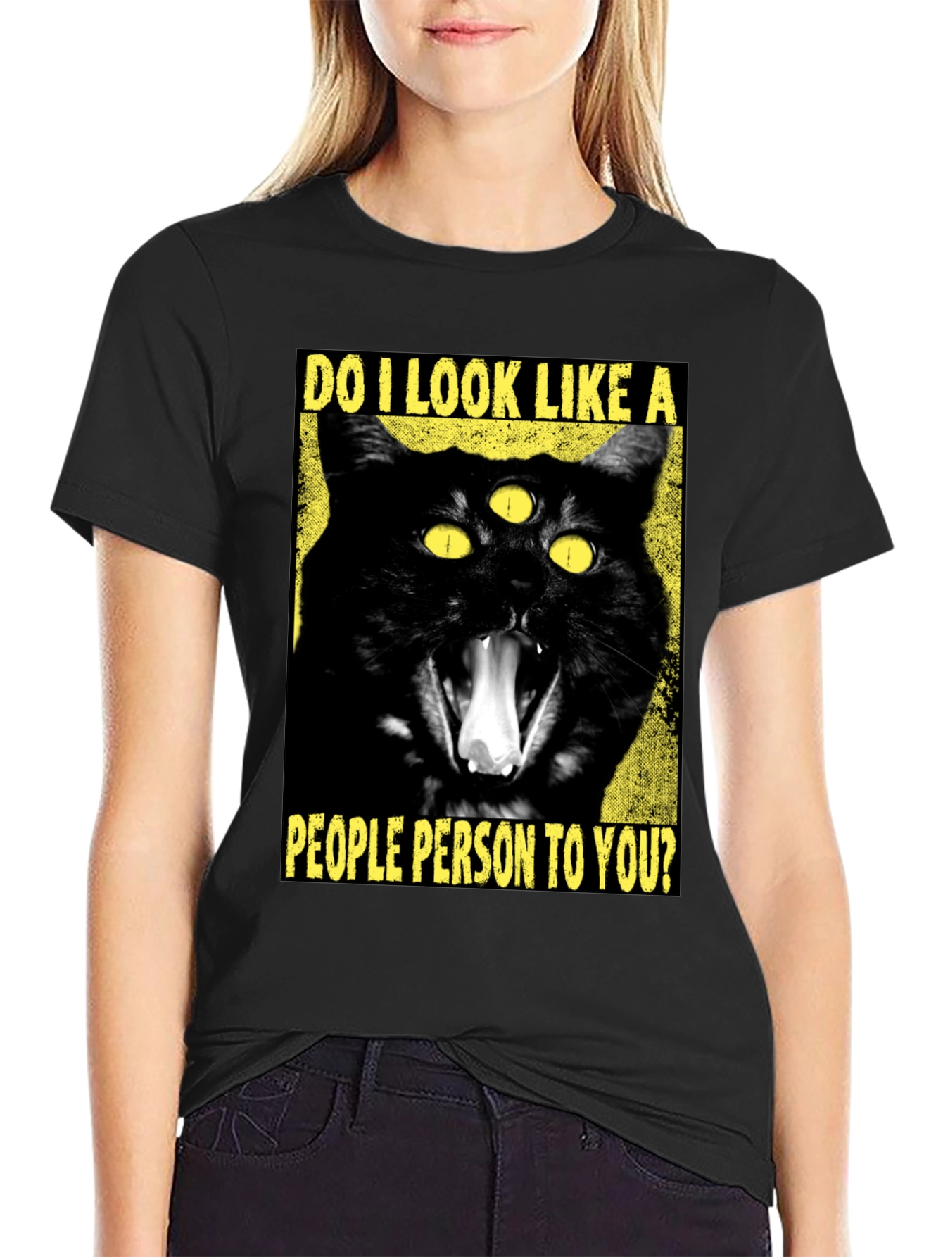 Black Three-Eyed Cat T-Shirt - "People Person" Funny Graphic Tee view 2