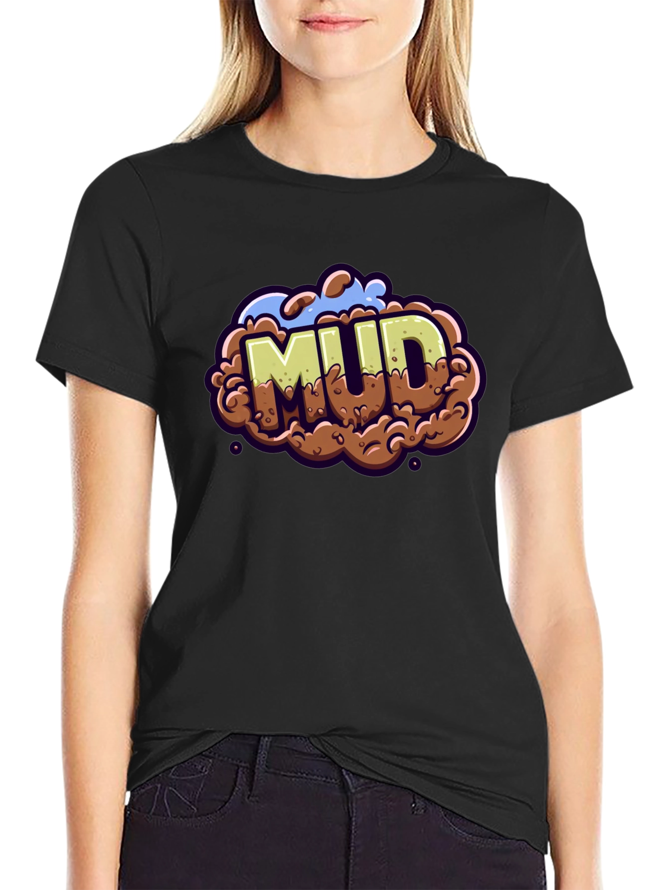 Black Mud Graphic Tee - Cartoon Style Black T-Shirt view 2