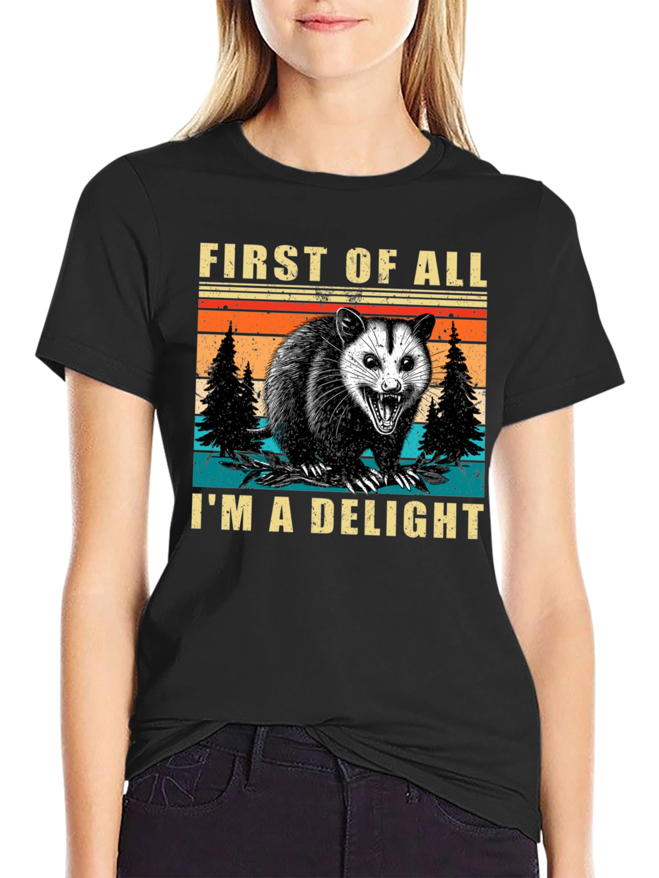 Black First of All I'm a Delight Opossum T-Shirt view 2
