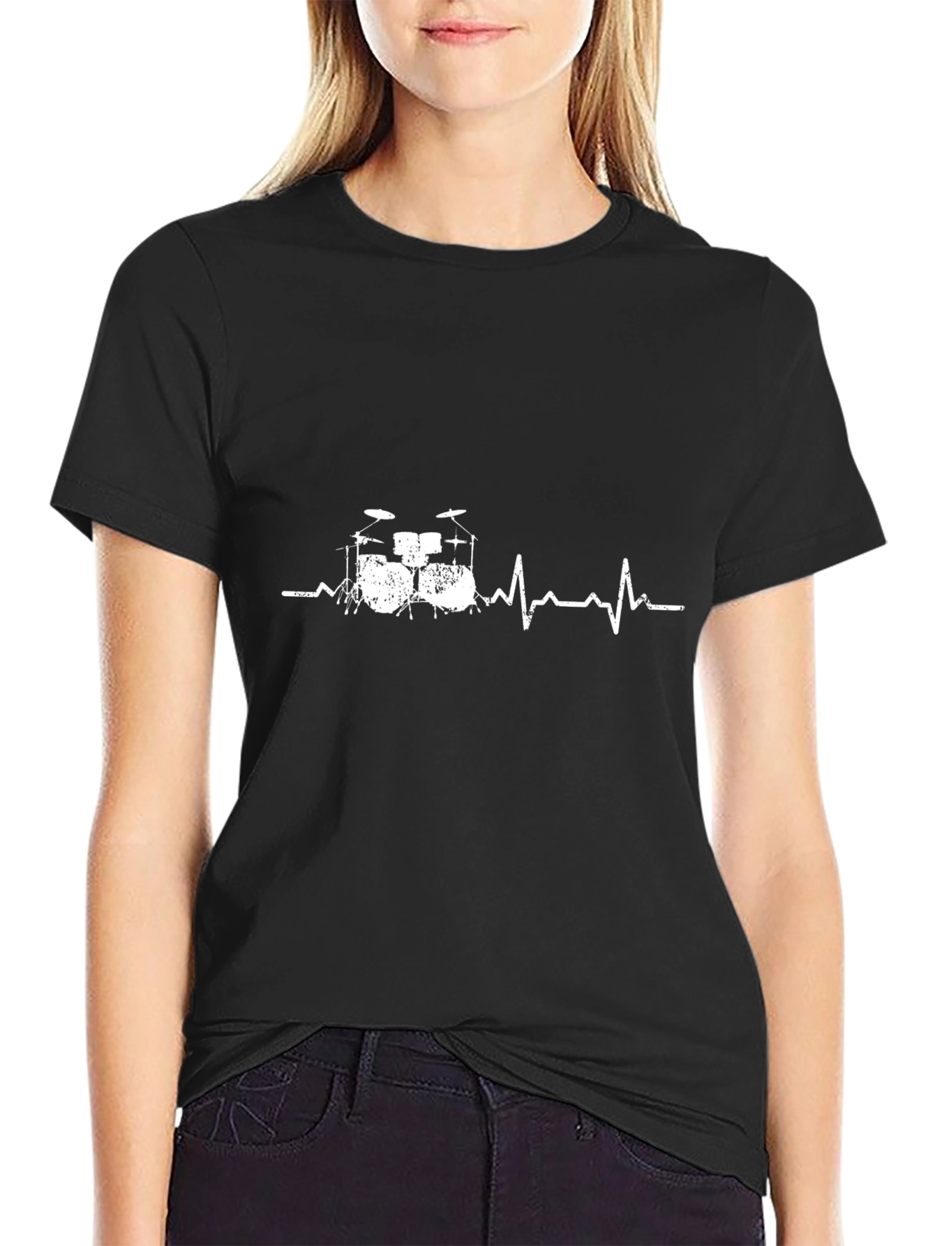 Black Drum Set Heartbeat Graphic T-Shirt view 2