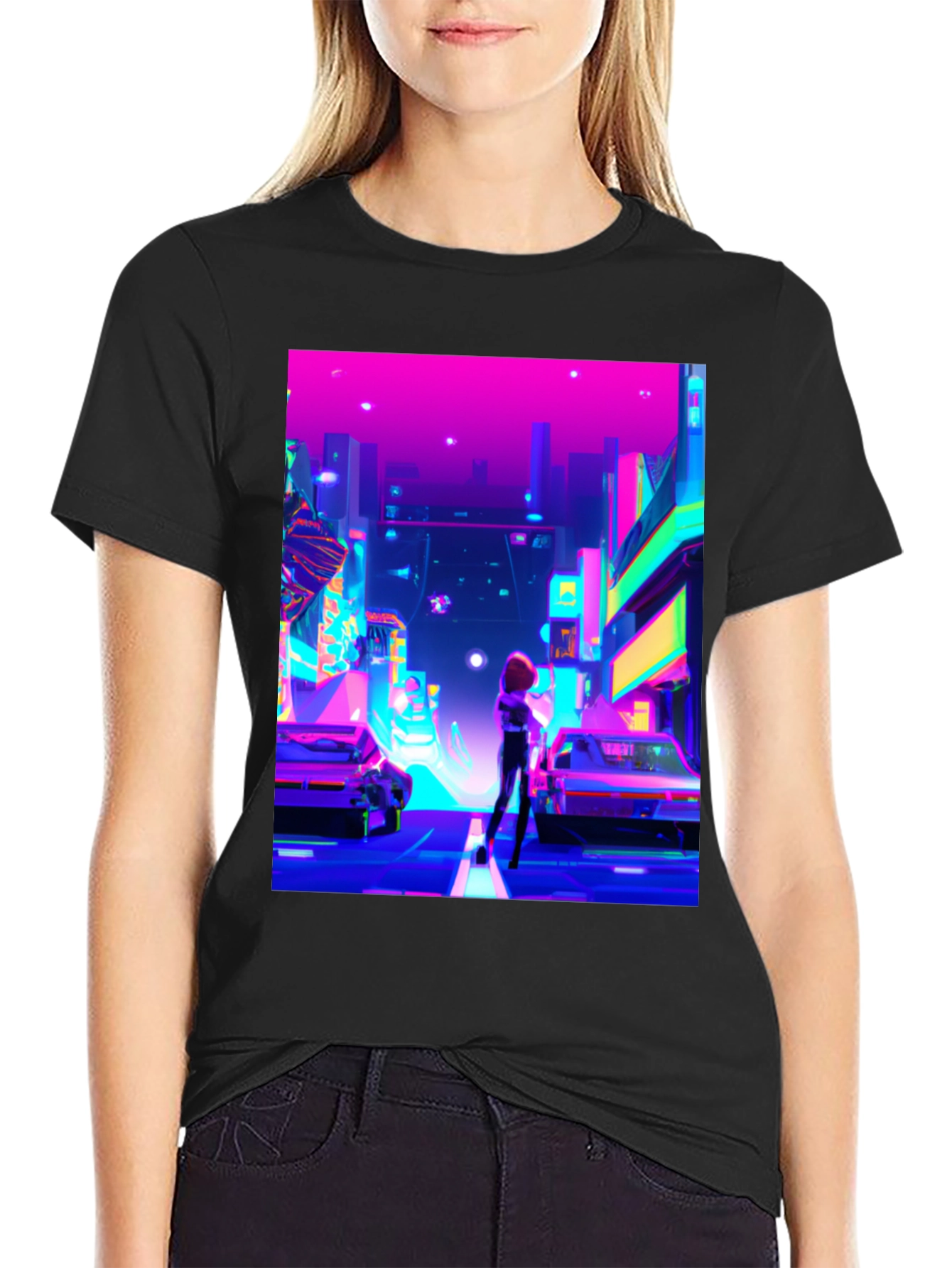 Black Neon Cityscape T-Shirt - Futuristic Style view 2