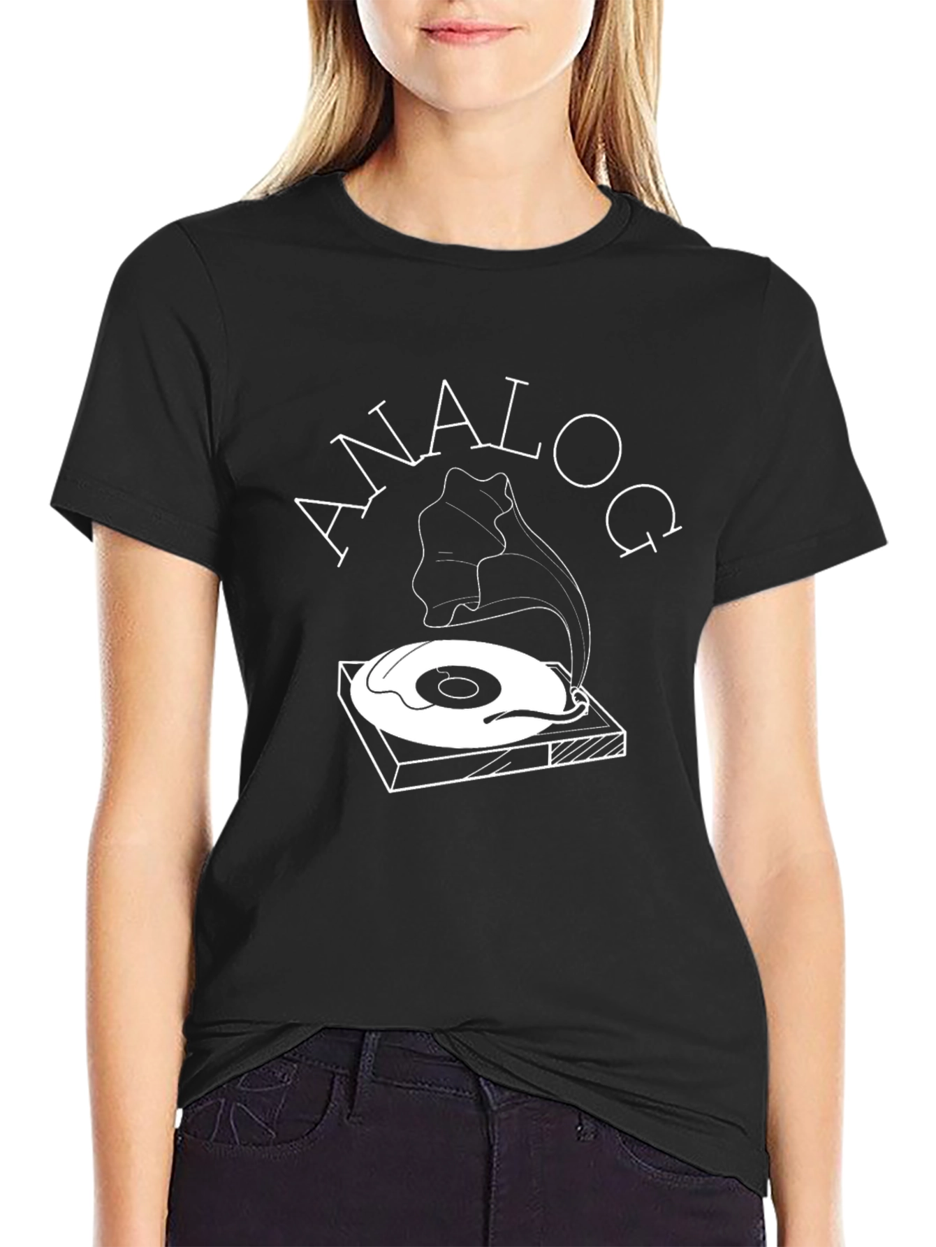 Black Analog T-Shirt - Vintage Record Player Design view 2