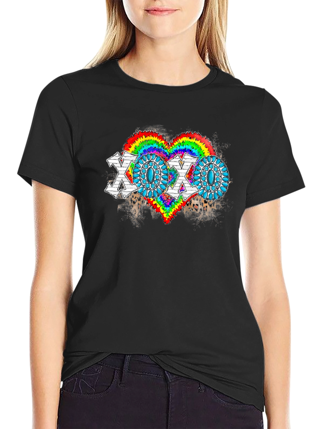 Black XOXO Rainbow Heart Graphic Tee - Soft Cotton Blend view 2