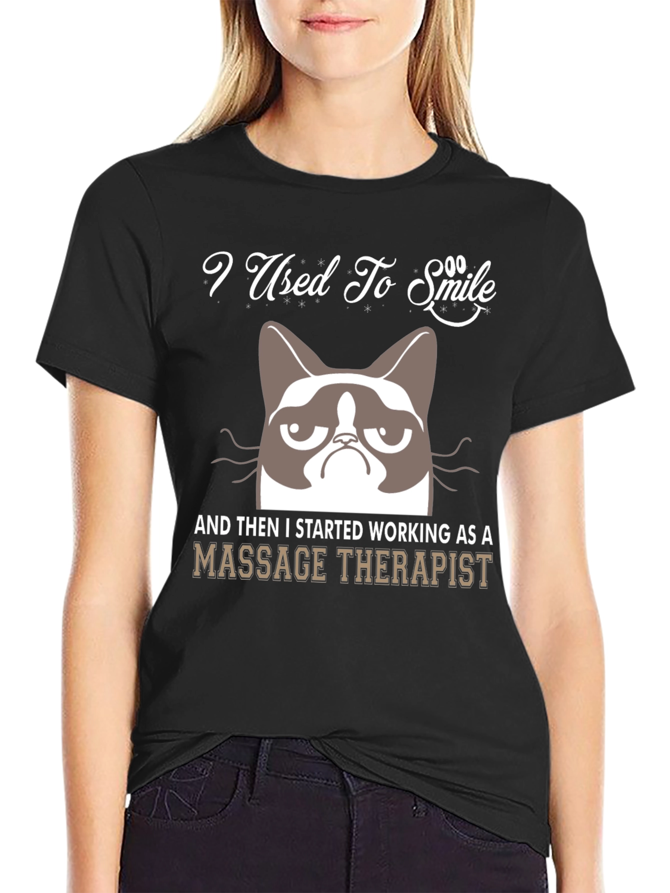 Black I Used To Smile Massage Therapist Grumpy Cat T-Shirt view 2