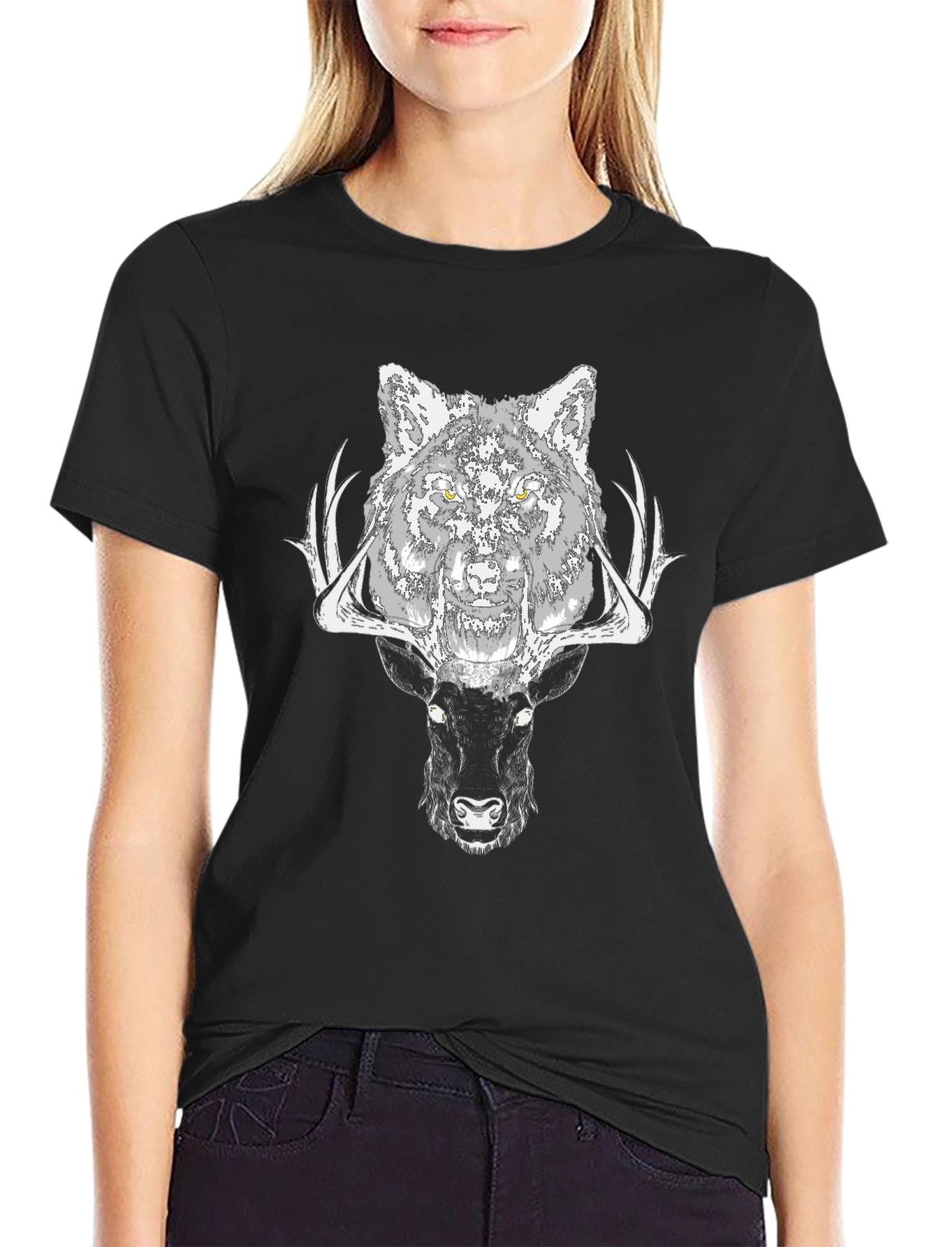 Black Wolf and Deer Graphic T-Shirt view 2