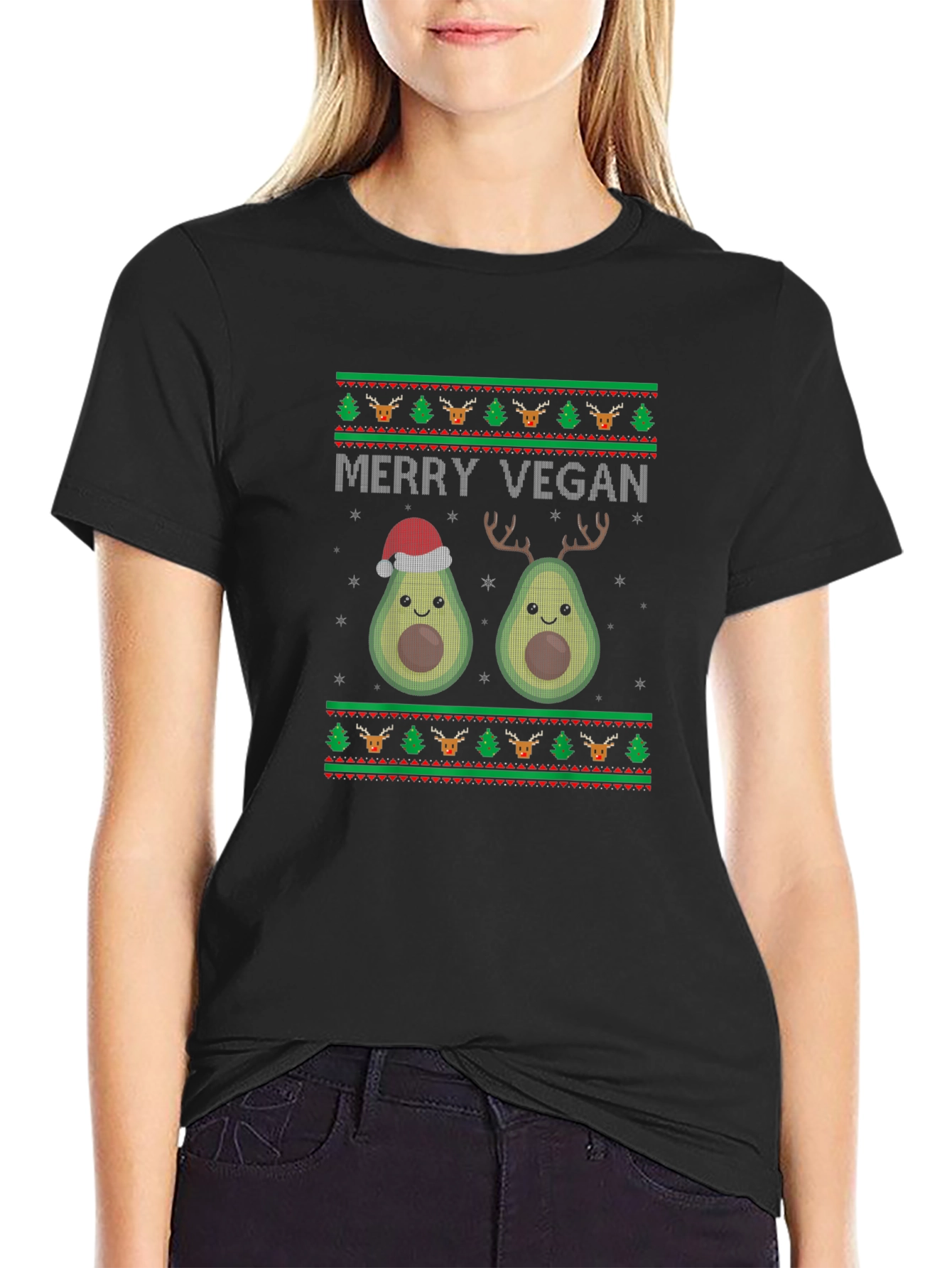 Black Merry Vegan Avocado Christmas T-Shirt view 2