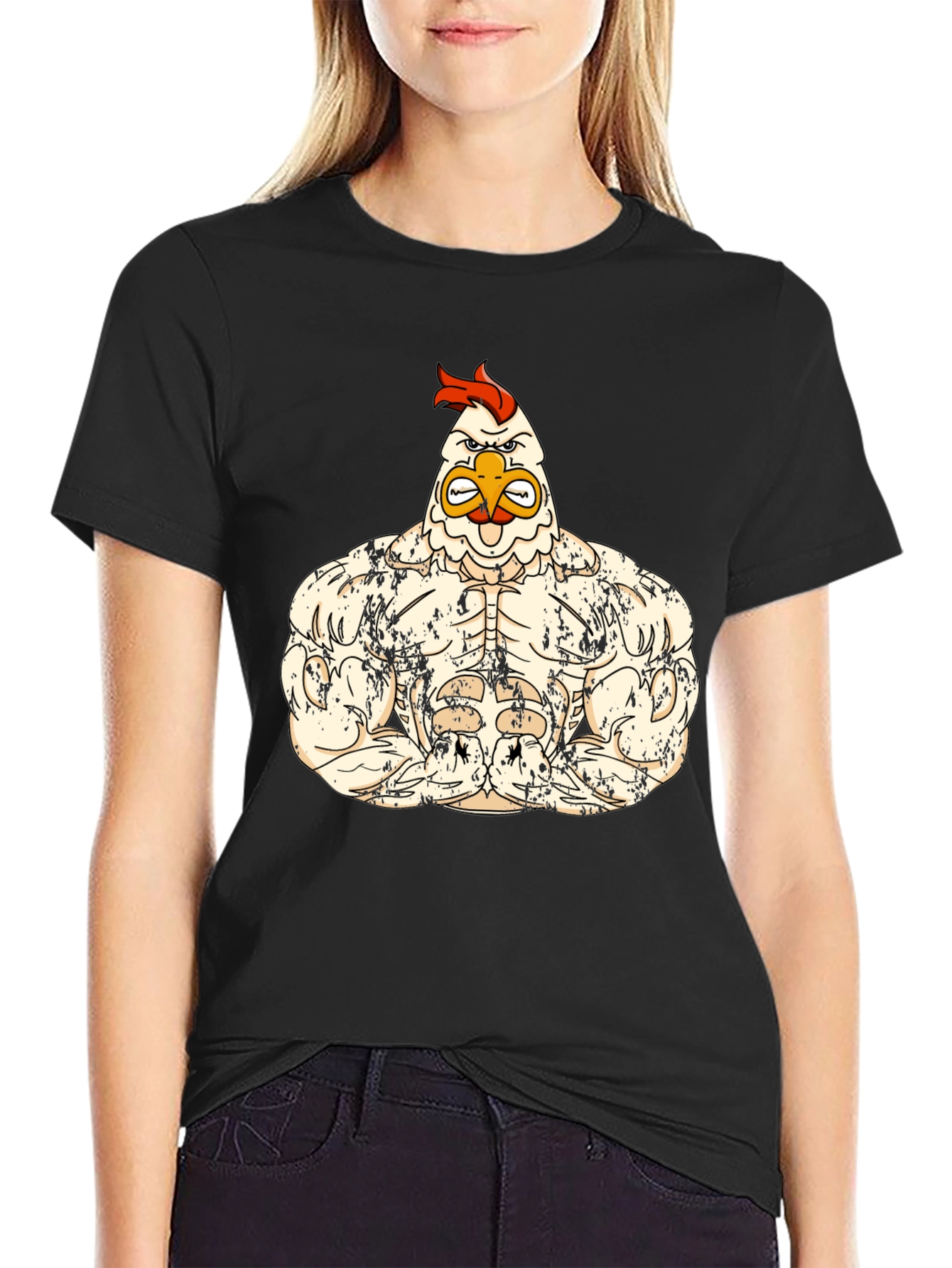 Black Muscled Chicken Graphic Tee - Black Cotton T-Shirt view 2