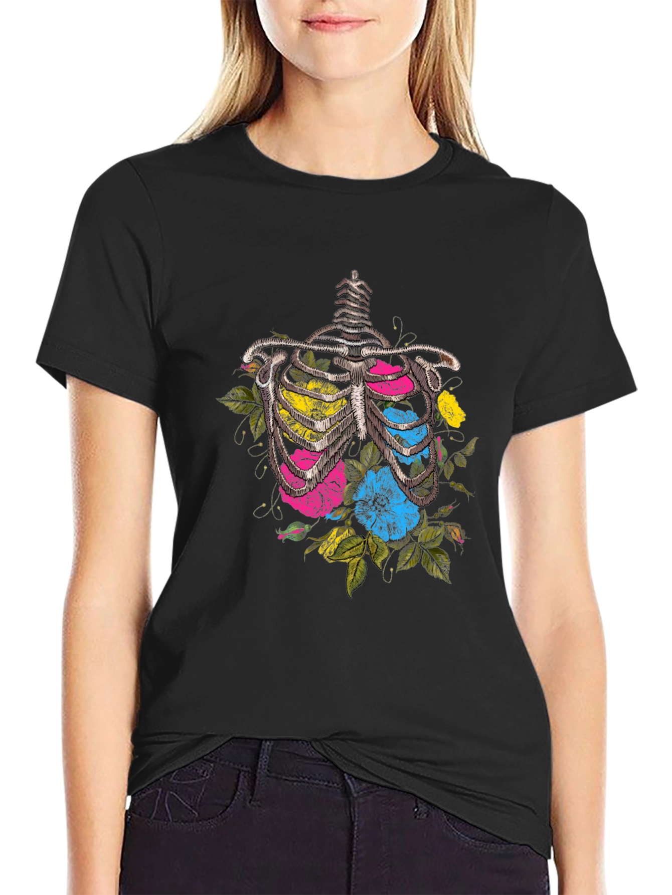 Black Floral Ribcage Graphic T-Shirt - Unique Anatomy Tee view 2
