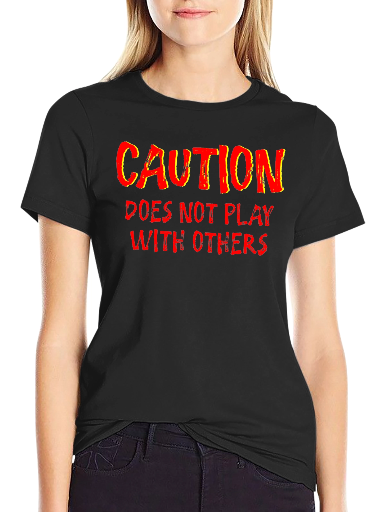 Black Caution Funny Graphic T-Shirt view 2