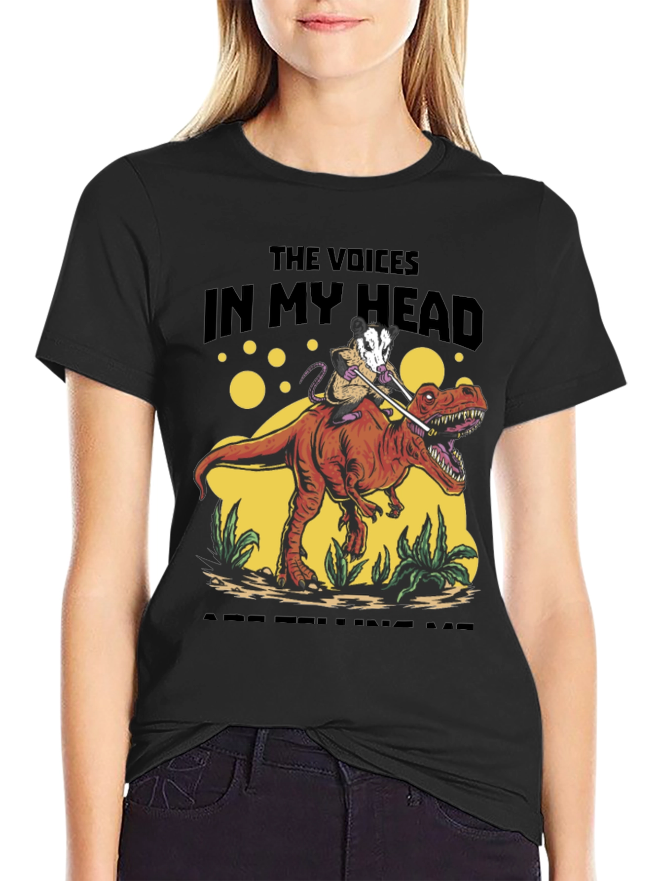 Black Opossum Riding Dinosaur T-Shirt - The Voices In My Head view 2