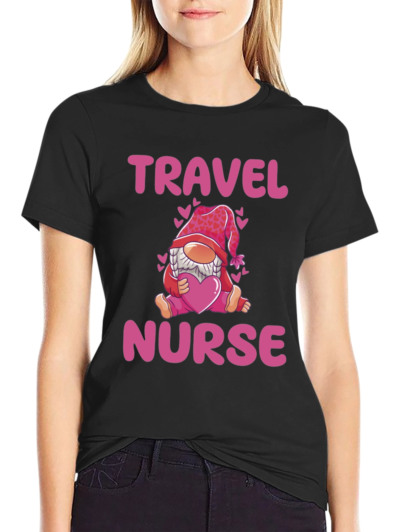 Black Travel Nurse Gnome T-Shirt - Valentine's Day Gift view 2
