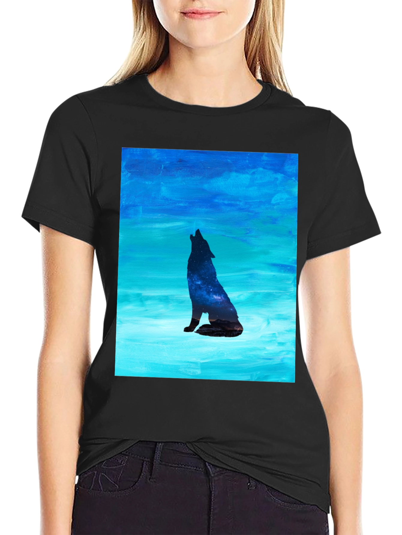 Black Howling Wolf Galaxy Print Black T-Shirt view 2