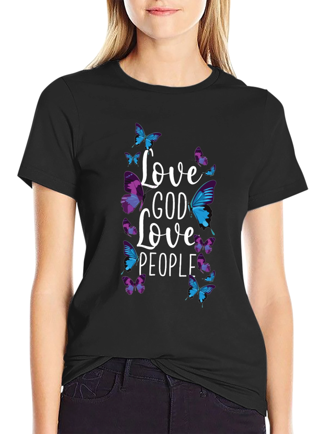 Black Love God Love People Butterfly Graphic Tee view 2