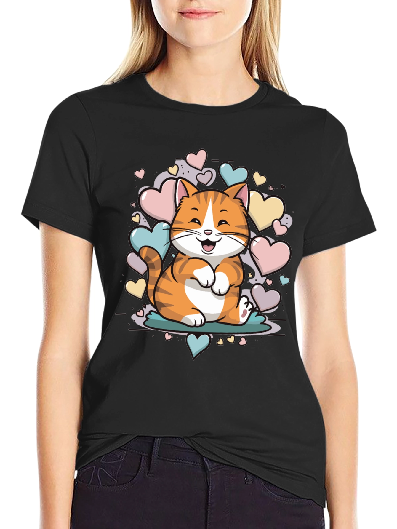 Black Cute Cat with Hearts Graphic Tee - Unisex Black T-Shirt view 2