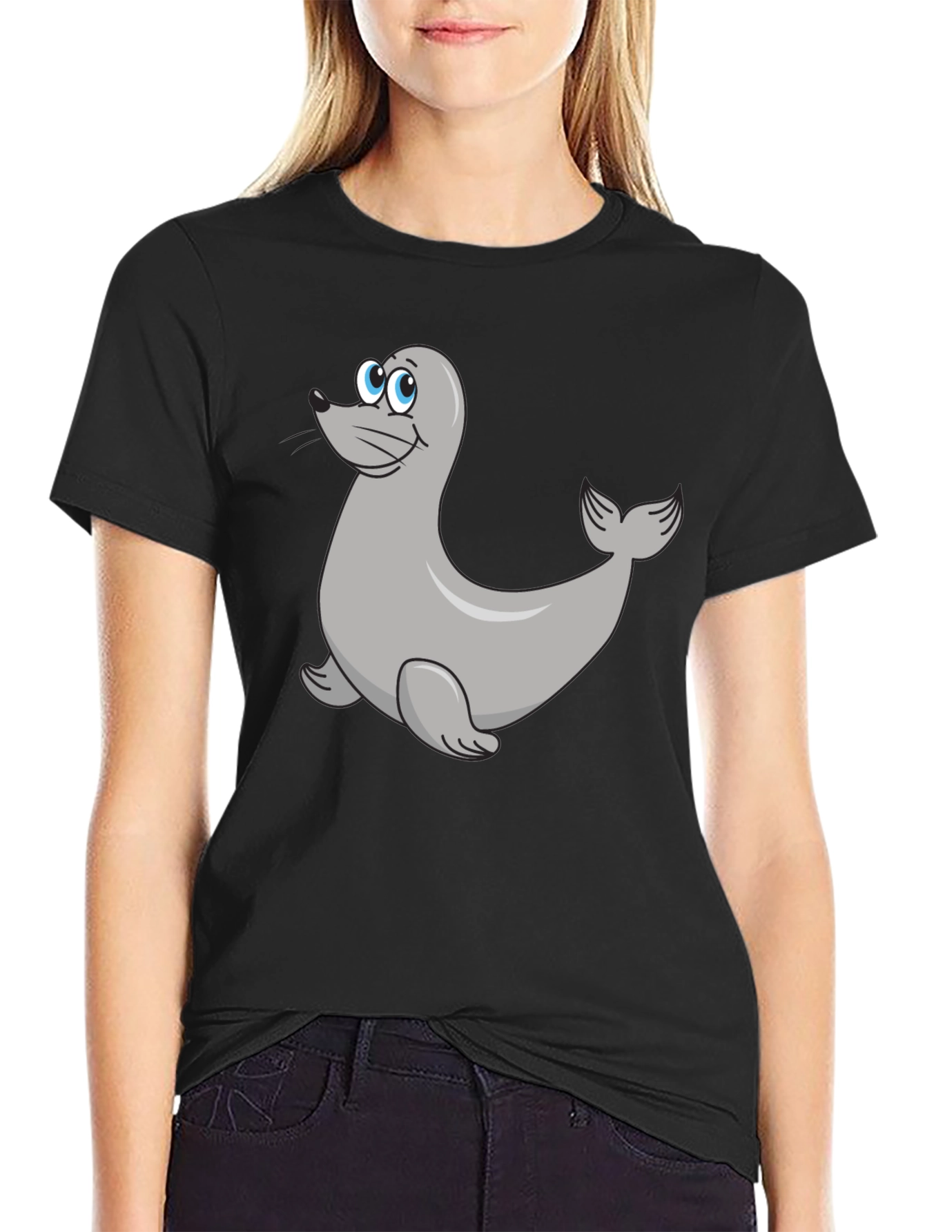 Black Seal Cartoon Black T-Shirt view 2