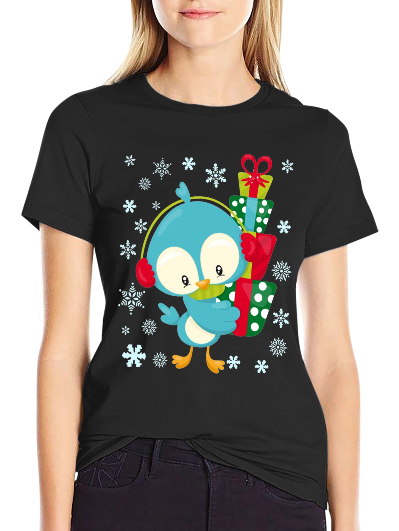 Black Festive Bird Gift T-Shirt - Holiday Cheer view 2