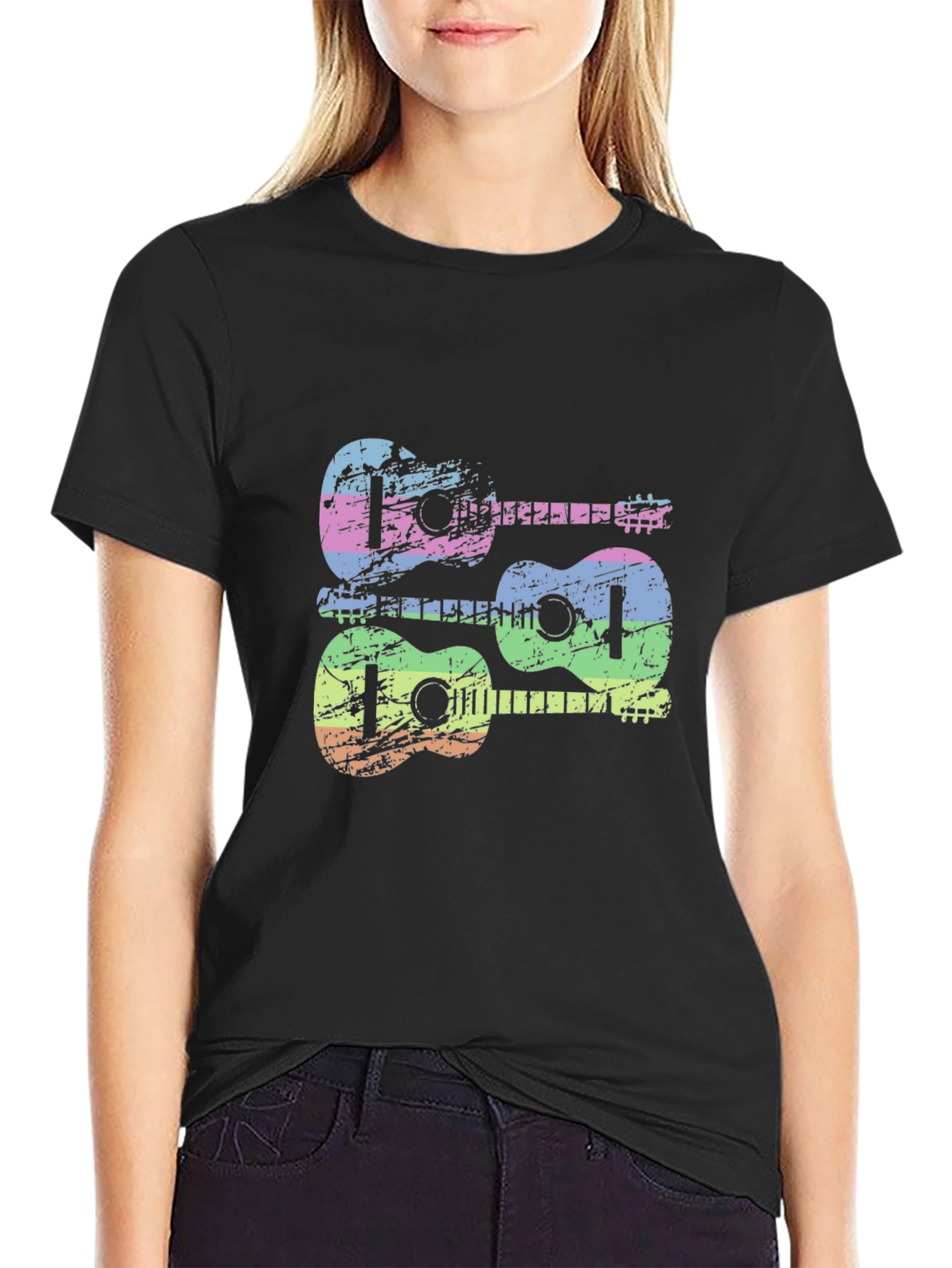 Black Rainbow Guitar Graphic Tee - Black Cotton Shirt view 2