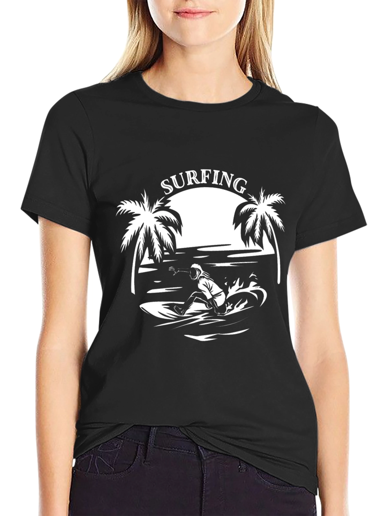 Black Surfing Graphic Tee - Black Cotton T-Shirt view 2