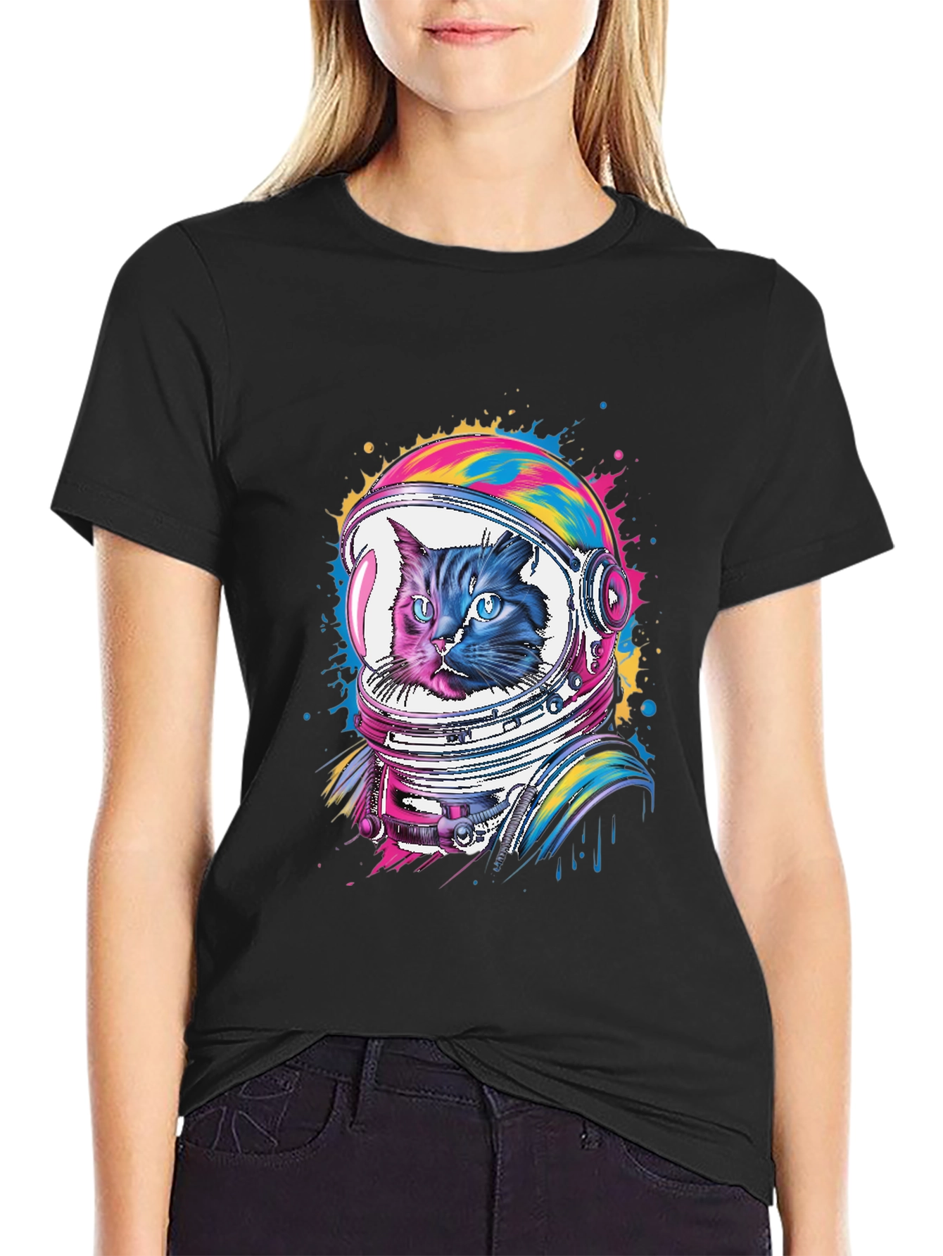 Black Cat Astronaut Graphic Tee - Unisex Black T-Shirt view 2