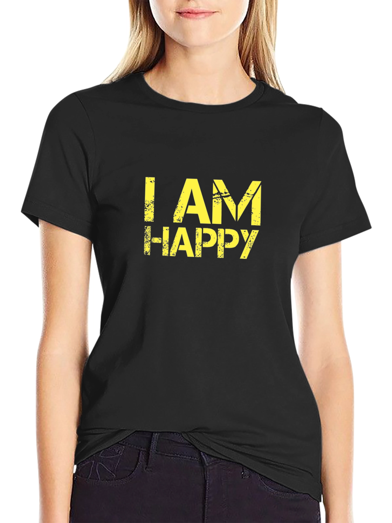 Black I Am Happy Graphic Tee - Black Cotton T-Shirt view 2