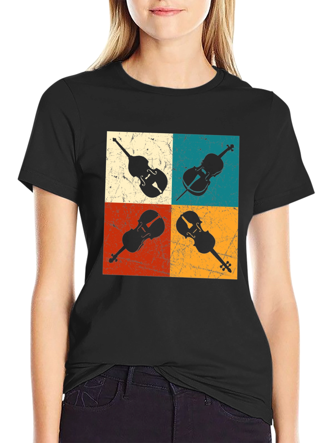 Black Retro Violin Collage Graphic Tee view 2