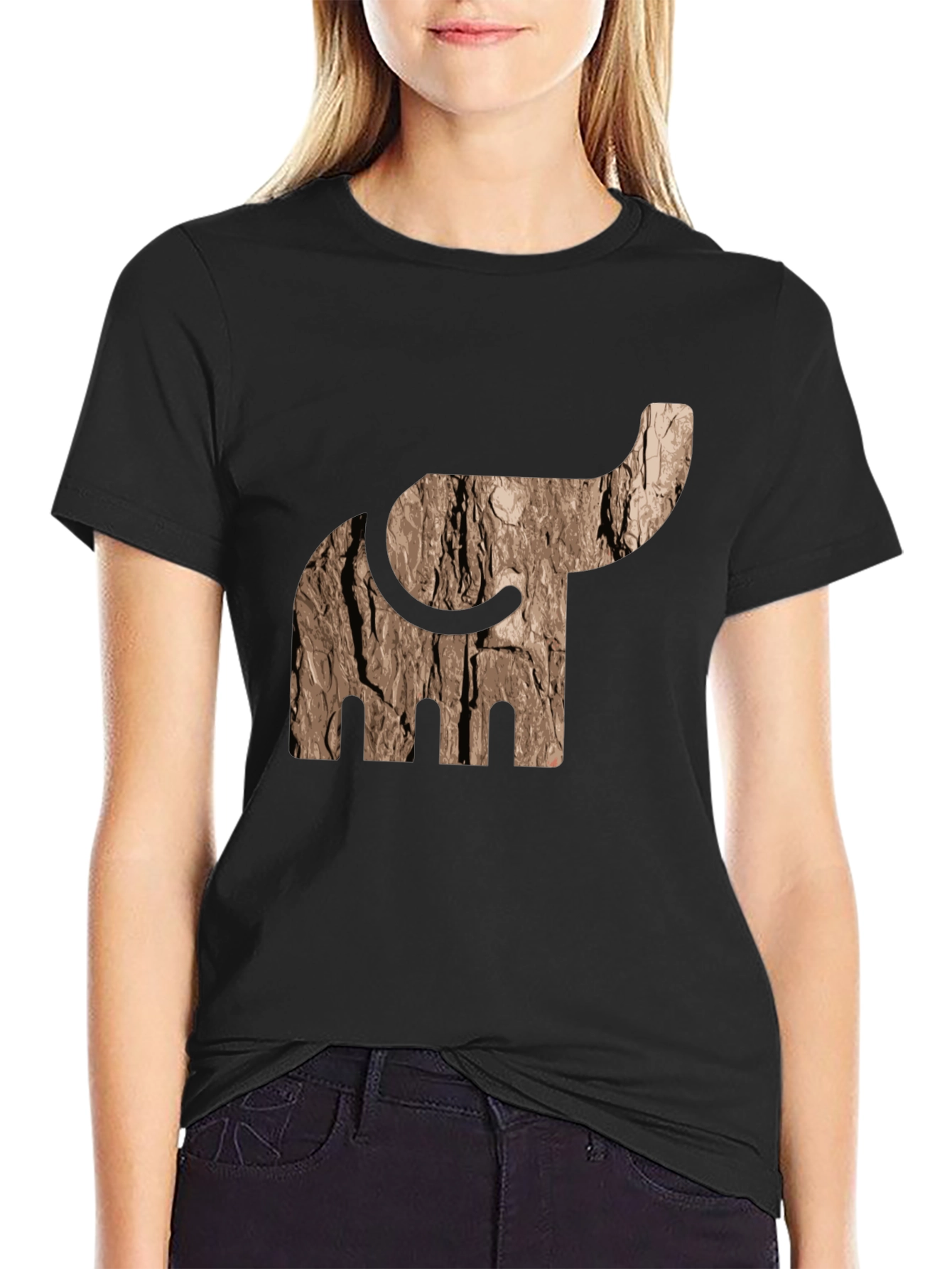 Black Abstract Elephant Tree Bark Print Black T-Shirt view 2