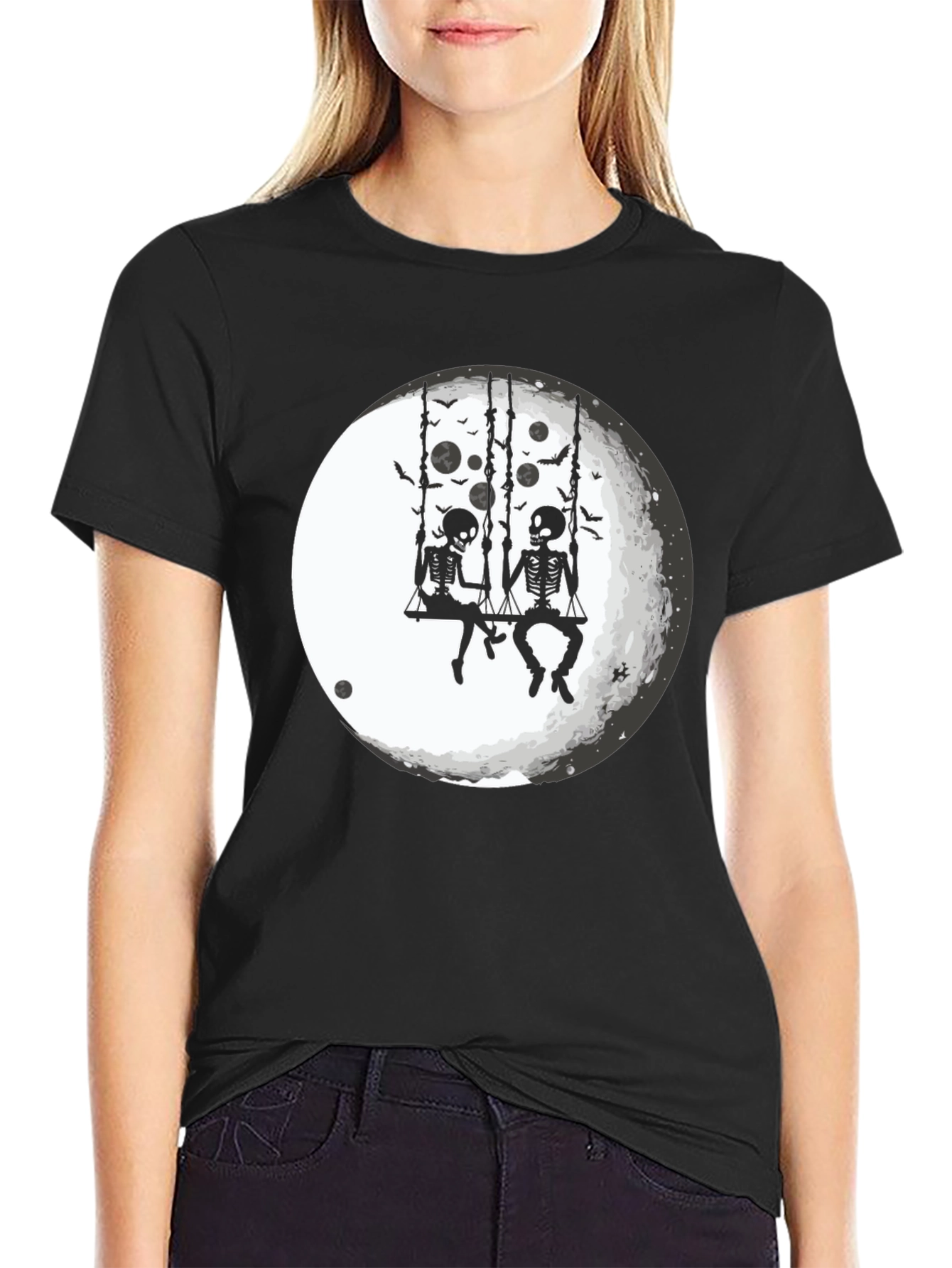 Black Skeleton Moon Swing Graphic T-Shirt view 2