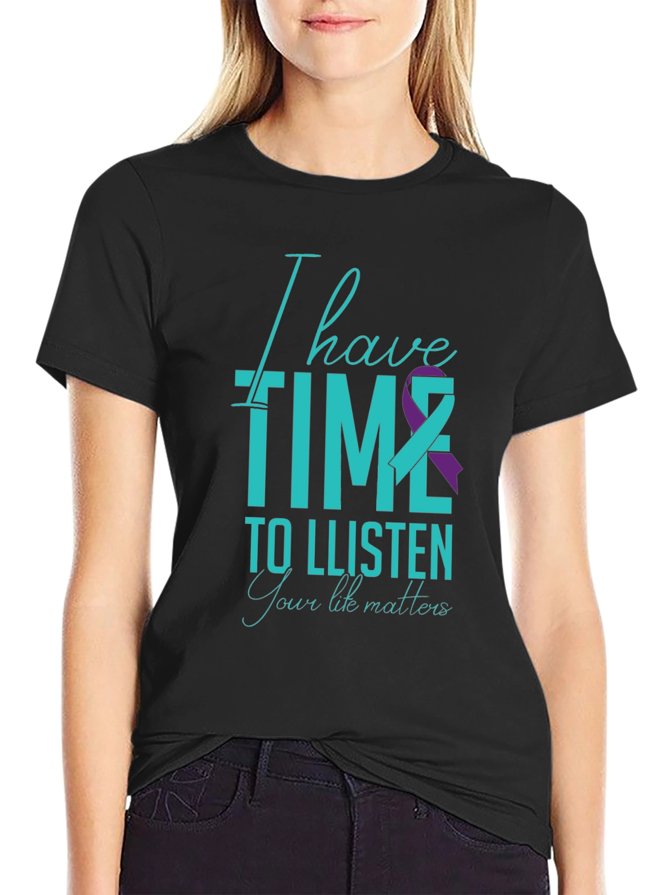 Black I Have Time to Listen T-Shirt - Teal & Purple Ribbon Design view 2