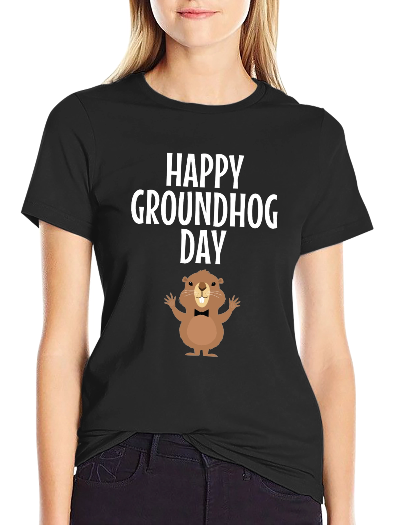 Black Happy Groundhog Day T-Shirt view 2
