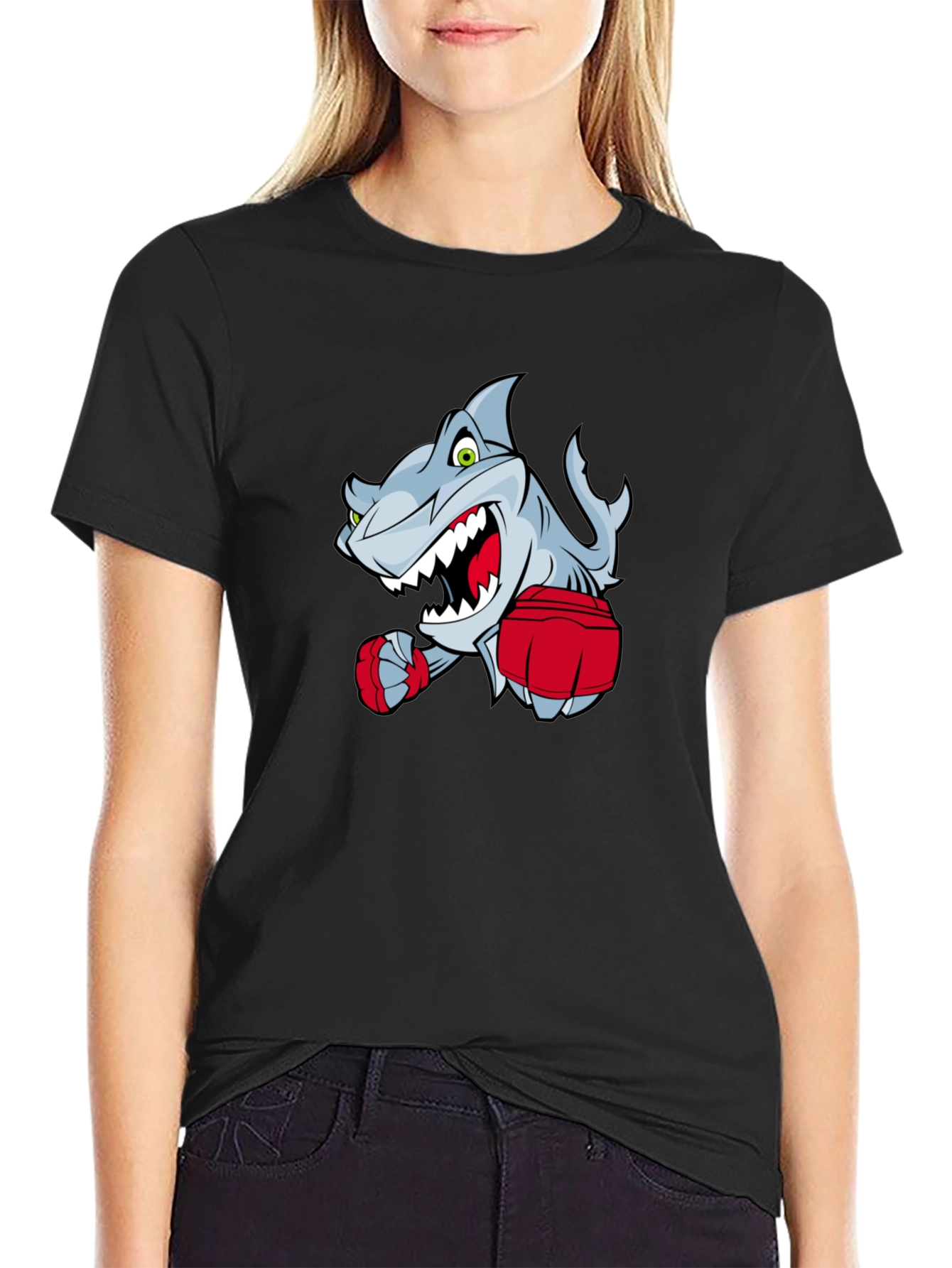 Black Cartoon Shark Boxer Graphic T-Shirt view 2