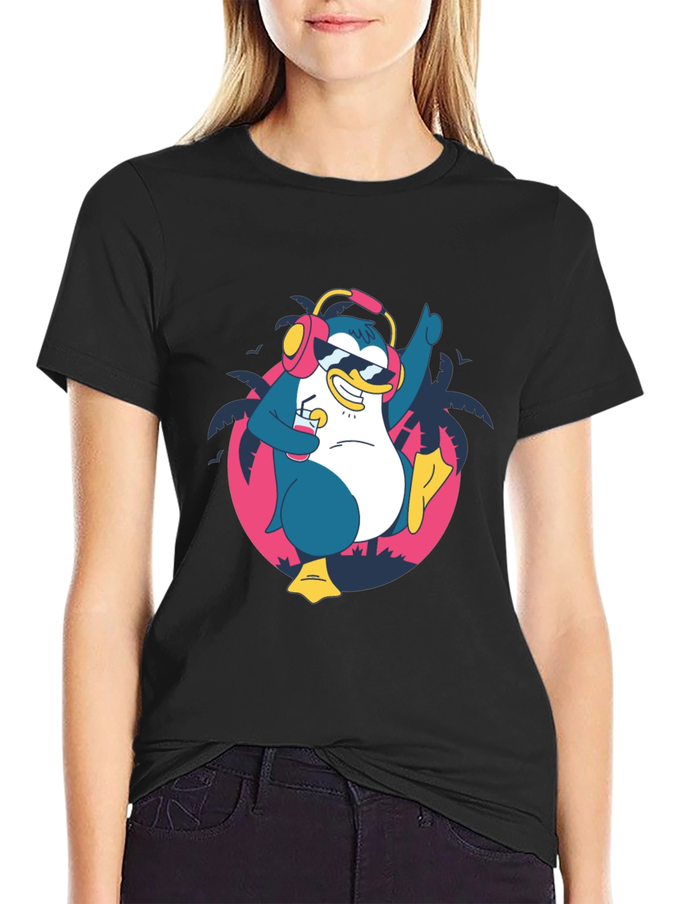 Black Cool Penguin Graphic Tee - Black Cotton Shirt view 2