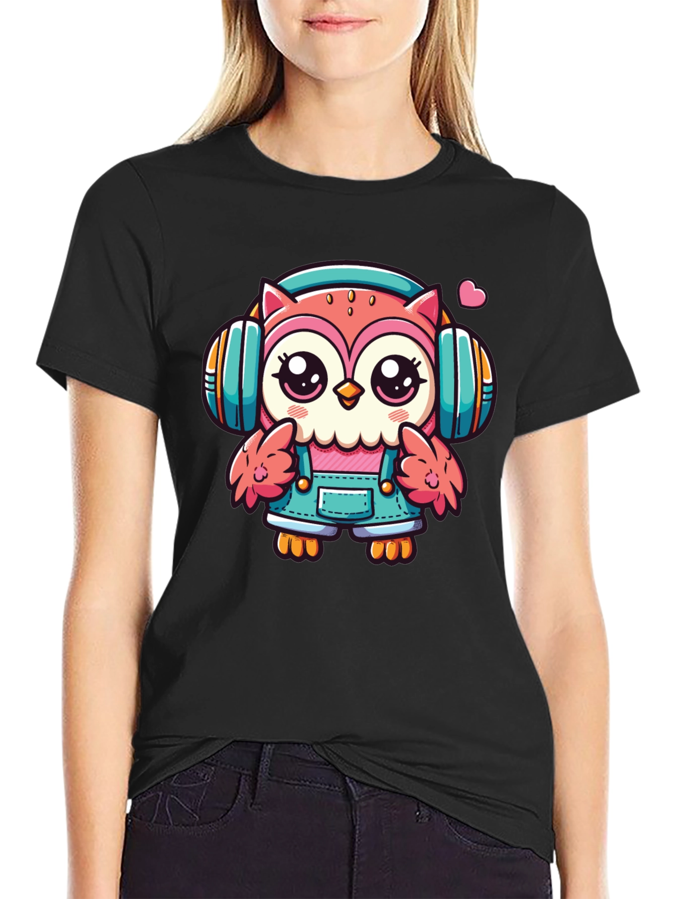 Black Owl DJ T-Shirt: Cute Cartoon Animal Tee view 2