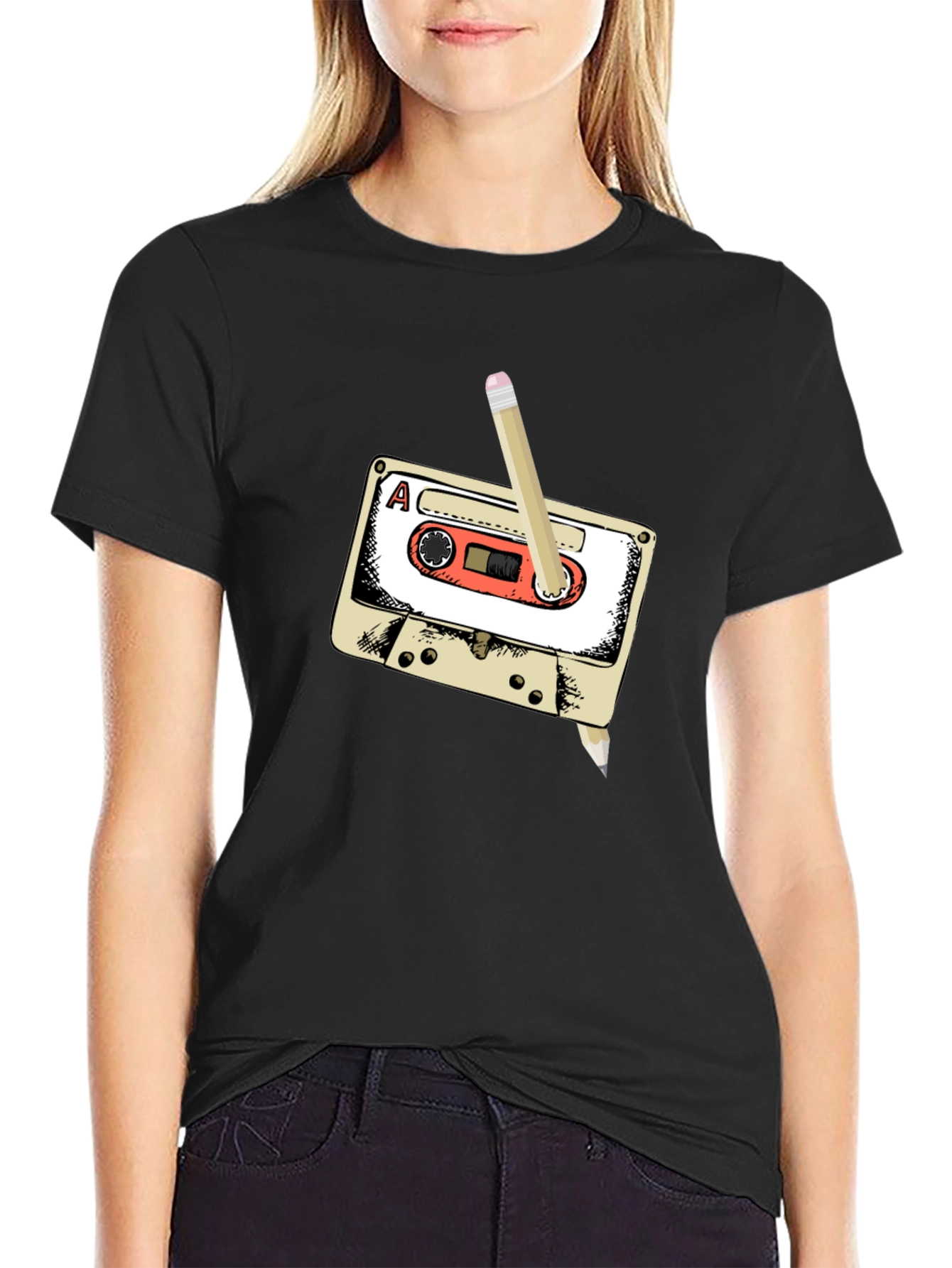 Black Retro Cassette Tape & Pencil T-Shirt view 2