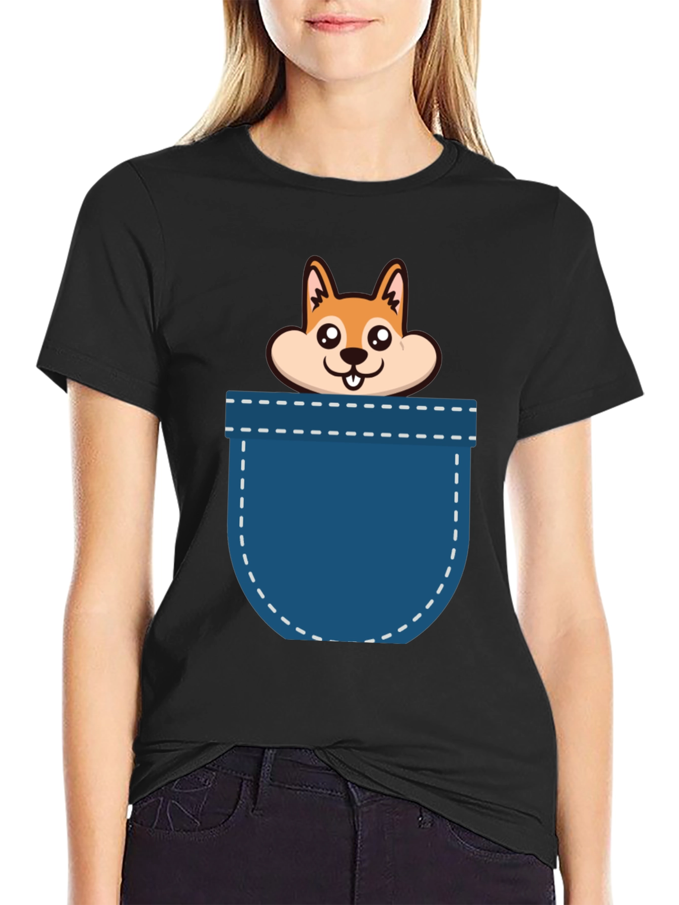 Black Cute Pocket Dog Graphic T-Shirt view 2