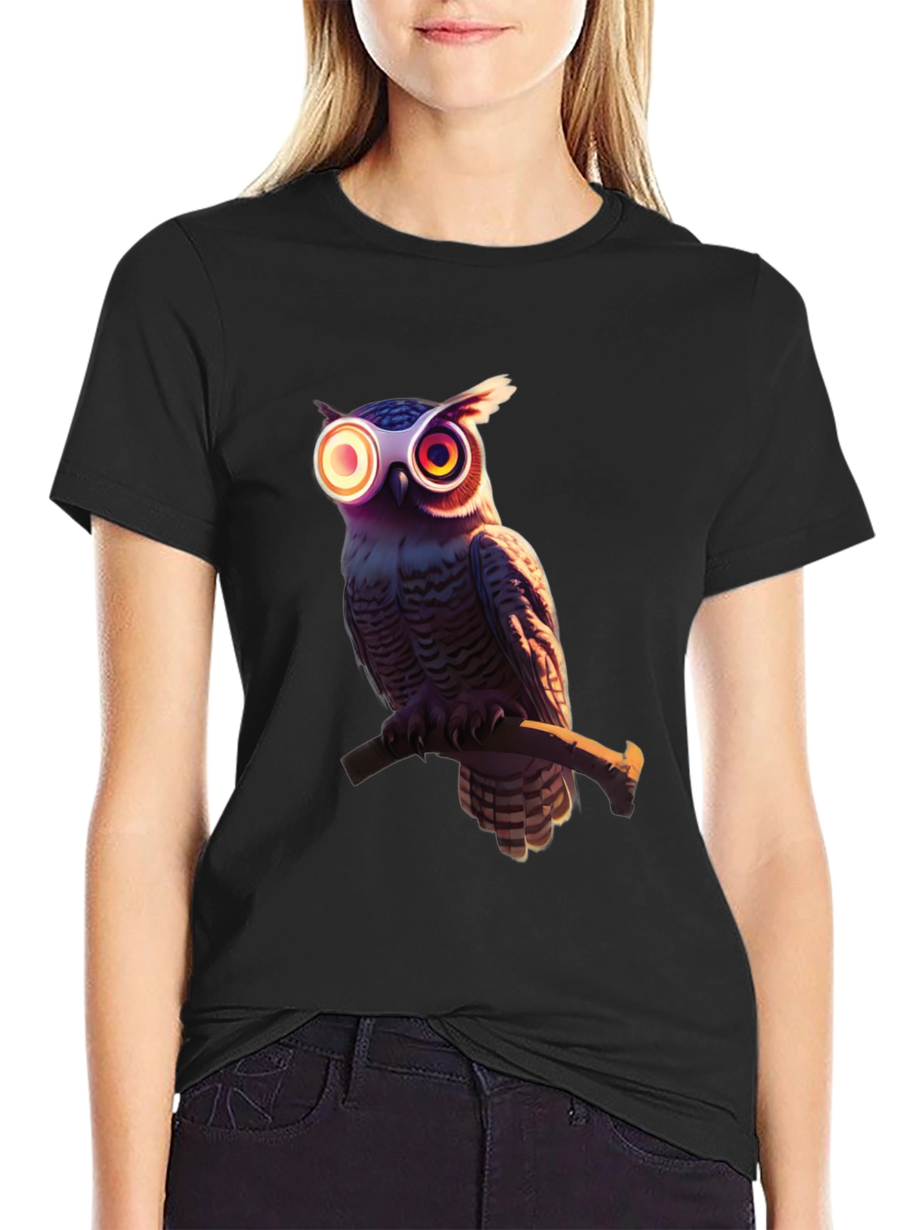 Black Cool Owl Graphic Tee - Black Cotton Blend view 2