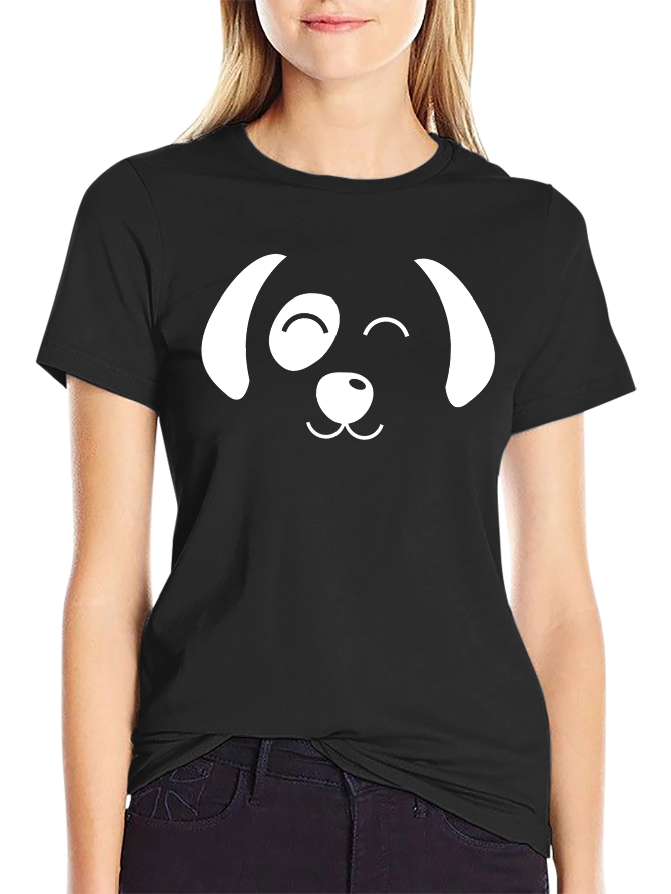 Black Dog Face Graphic T-Shirt - Black, Casual Cotton Tee view 2