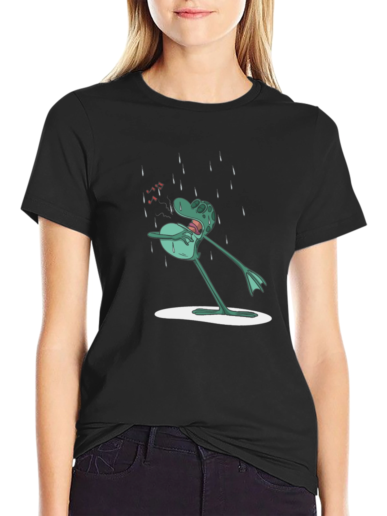 Black Frog in Rain Men's Graphic Tee - Black view 2