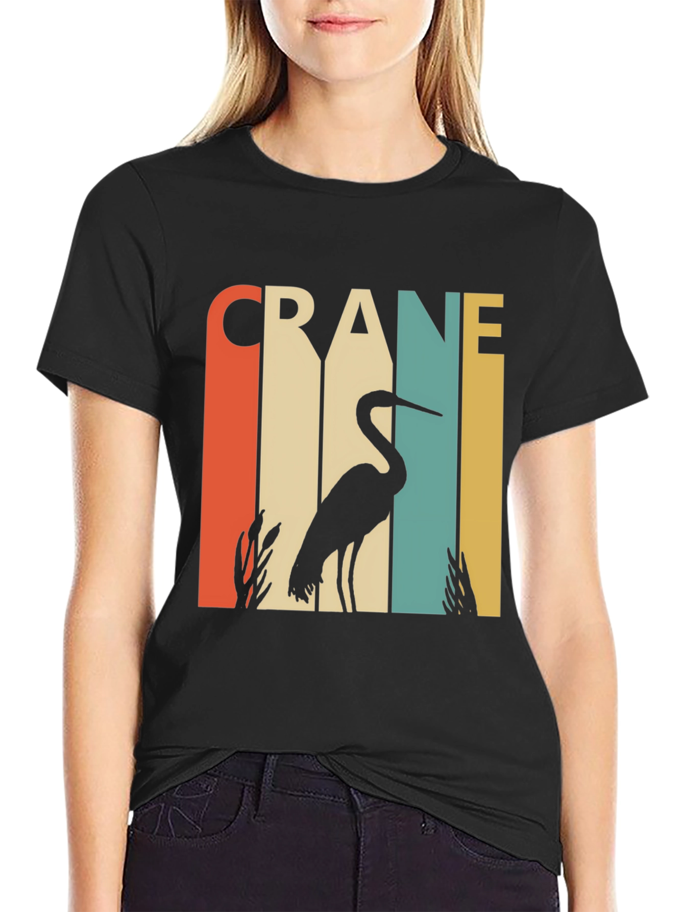 Black Vintage Crane Bird T-Shirt - Retro Design view 2