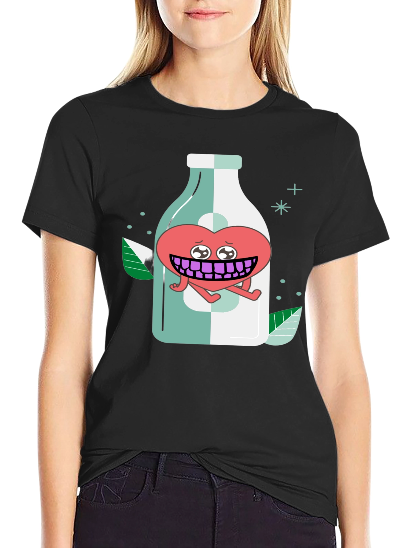 Black Cartoon Heart in a Bottle Black T-Shirt view 2