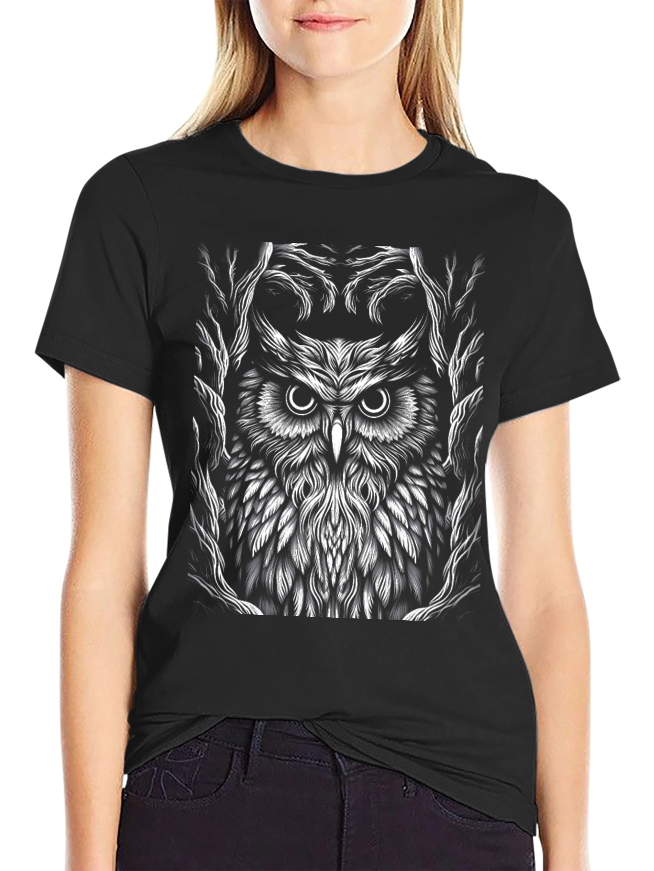 Black Owl Graphic Tee - Black Cotton T-Shirt view 2