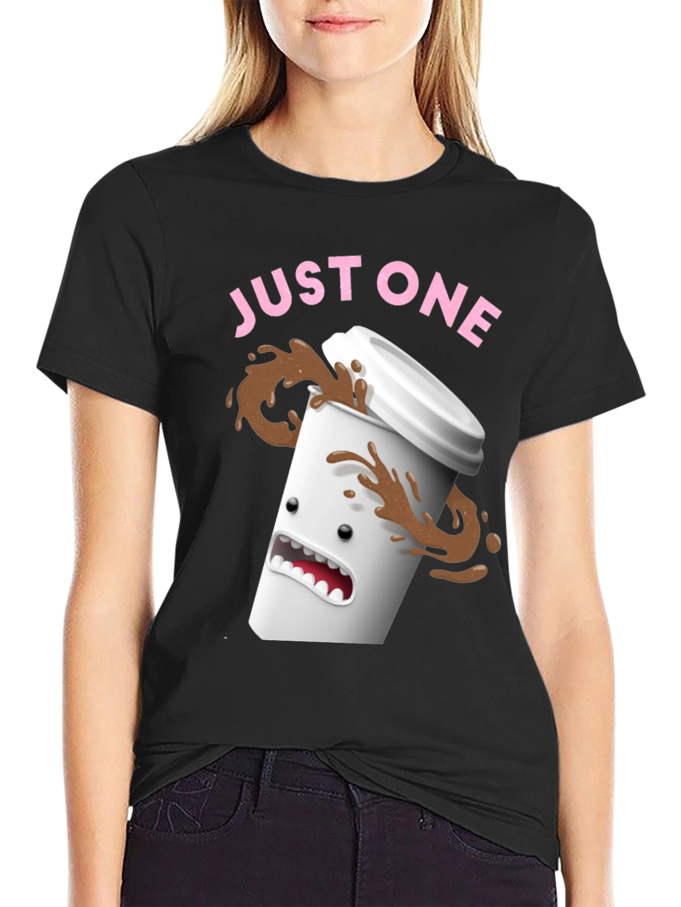 Black Just One Coffee T-Shirt - Funny Spilled Coffee Graphic Tee view 2