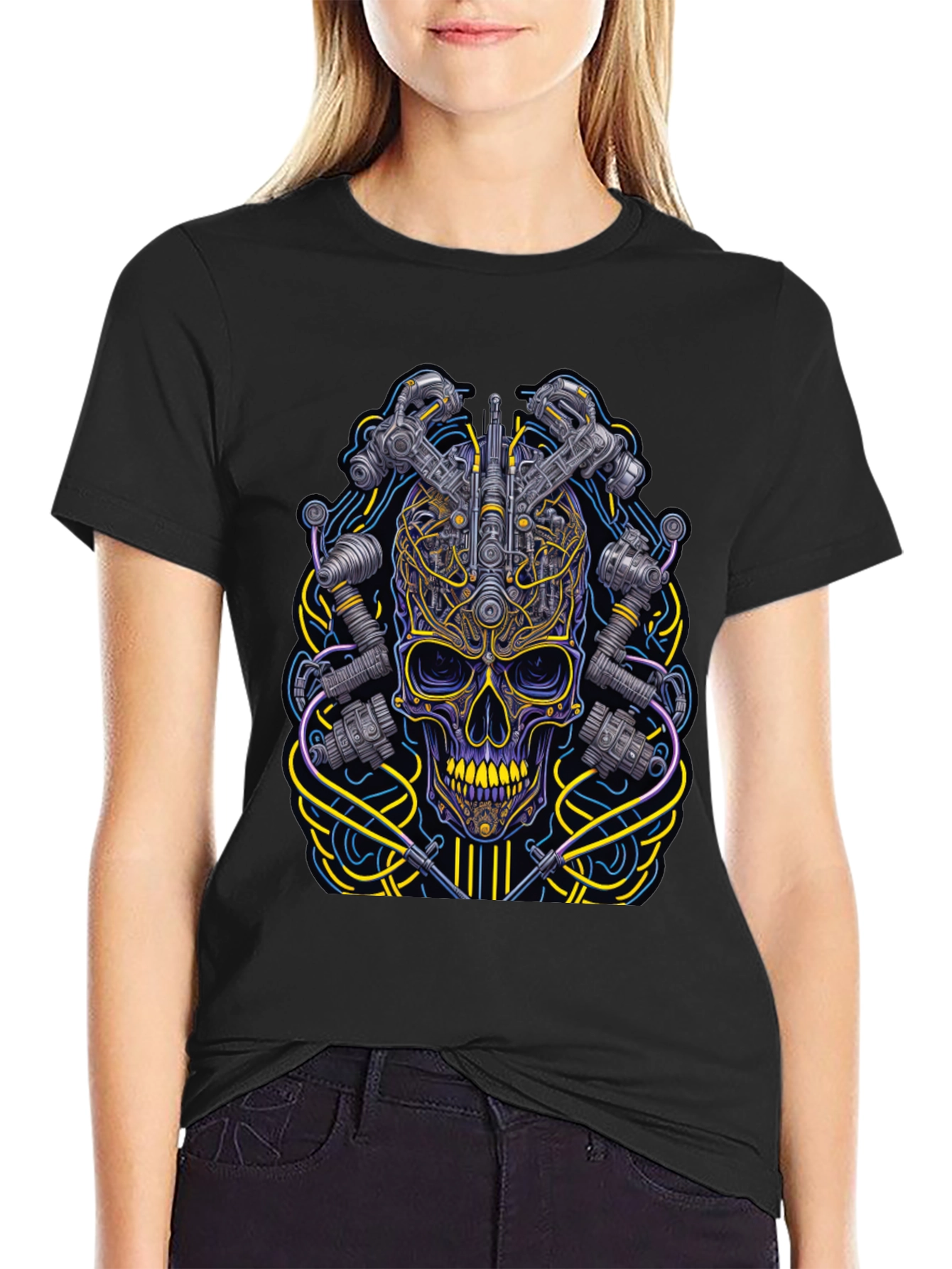 Black Cyberpunk Skull Graphic T-Shirt view 2