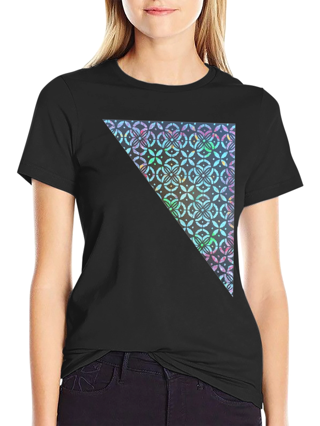 Black Geometric Triangle Print Crew Neck Tee view 2