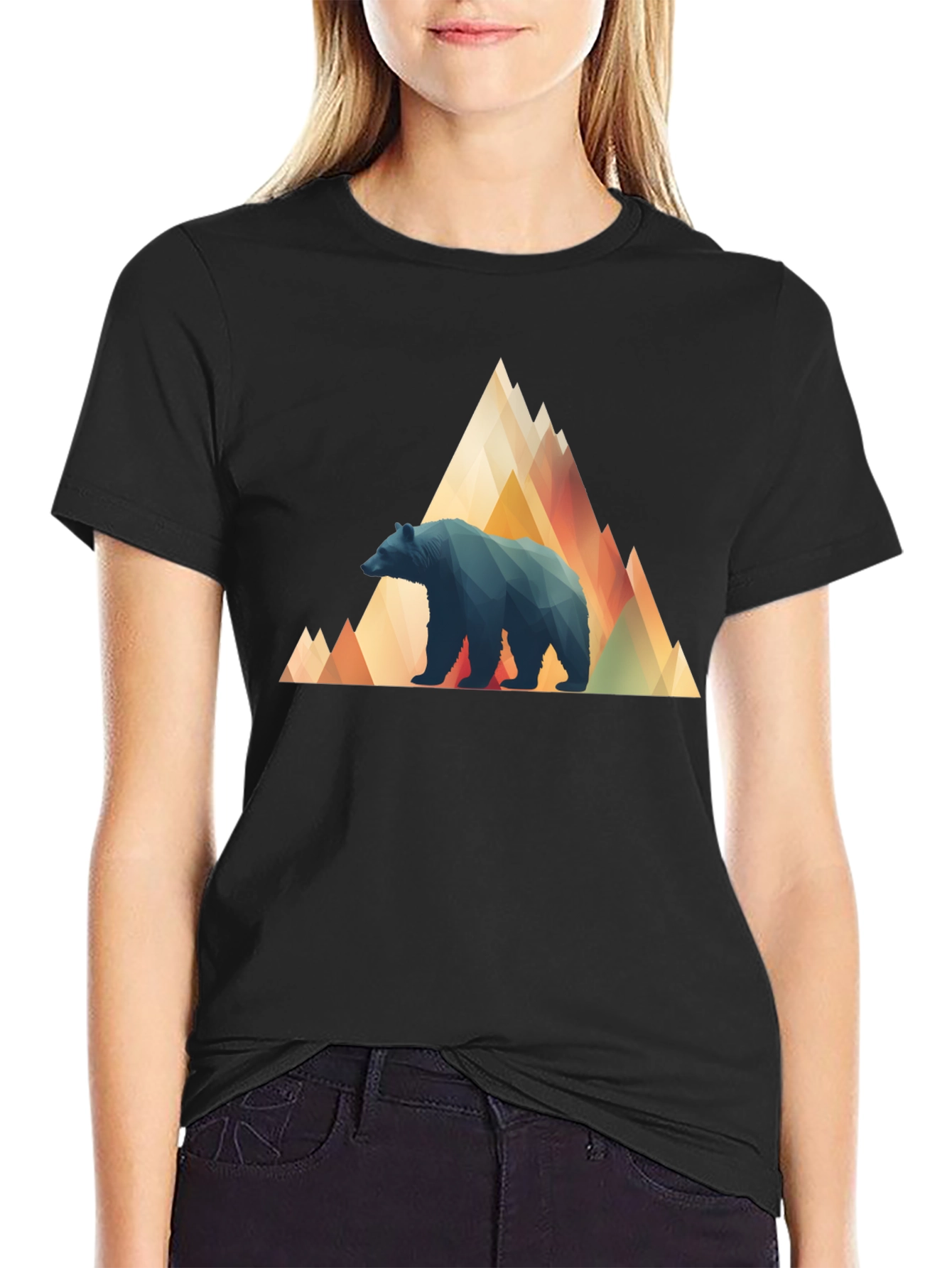 Black Geometric Bear Mountain Tee - Stylish Black T-Shirt view 2