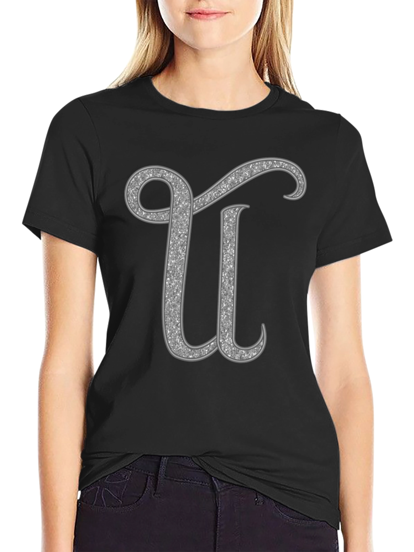 Black Glitter Letter U Graphic Tee - Unisex view 2