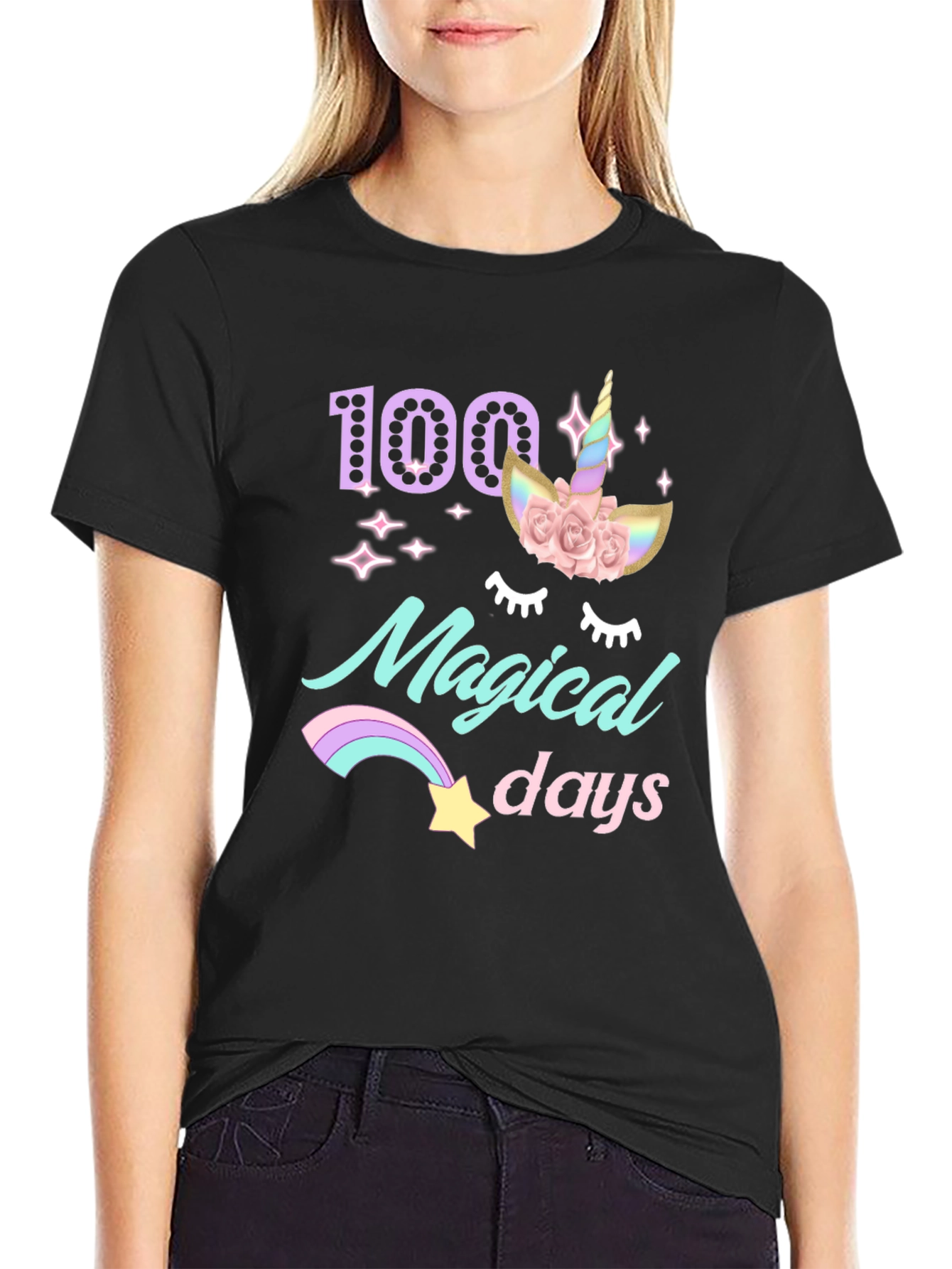 Black 100 Magical Days T-Shirt Unicorn view 2