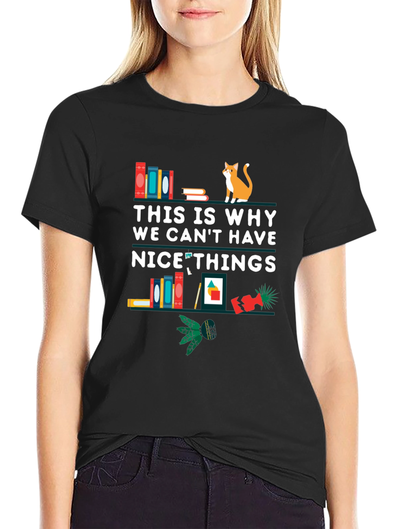 Black Funny Cat & Books Graphic T-Shirt view 2