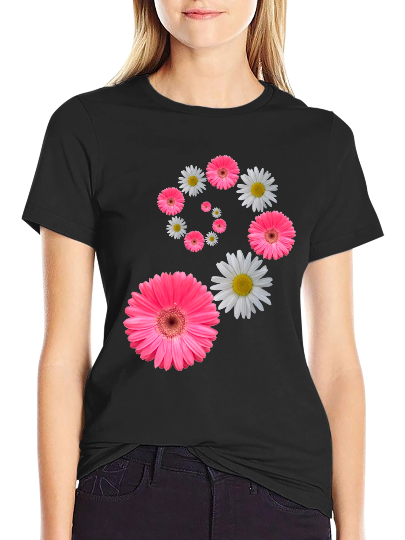 Black Floral Swirl T-Shirt - Pink Daisy Design view 2